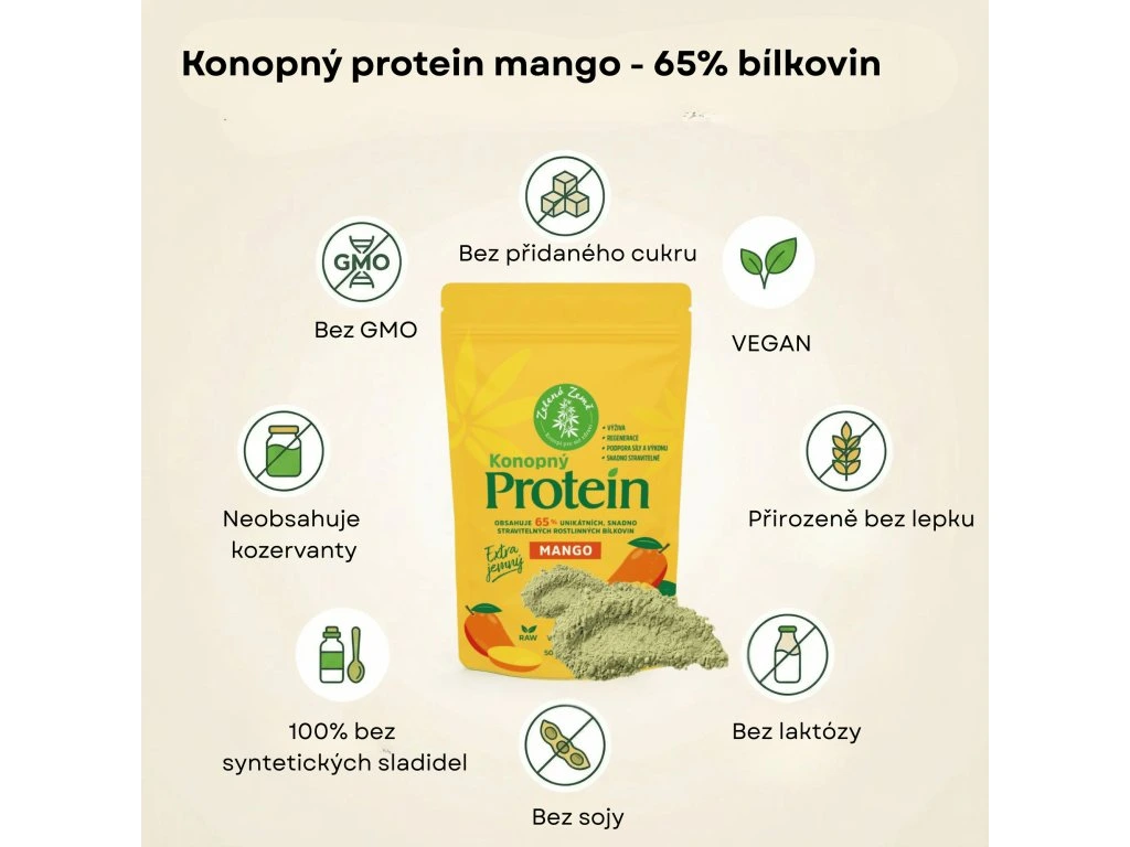 Konopný protein EXTRA jemný (65% bílkovin) s mangem, 500g
